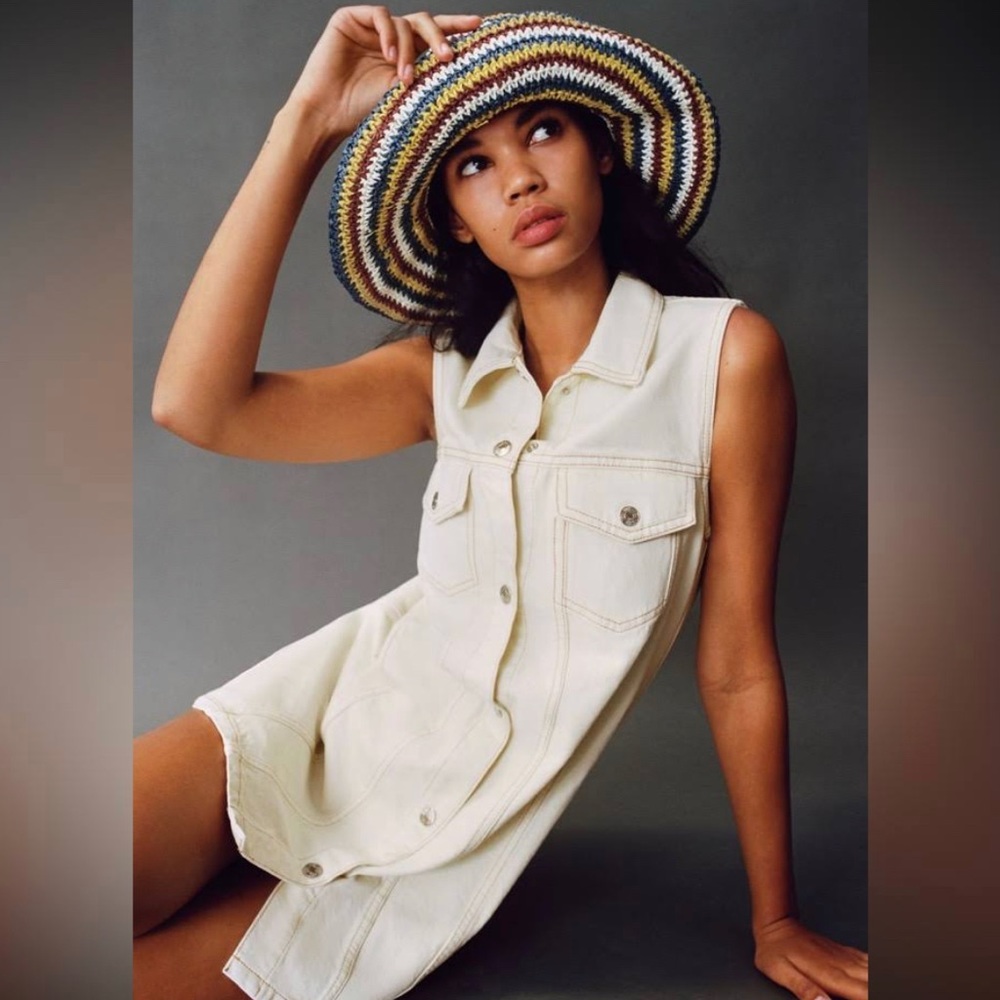 Zara Cream Sleeveless Denim Button Down Dress